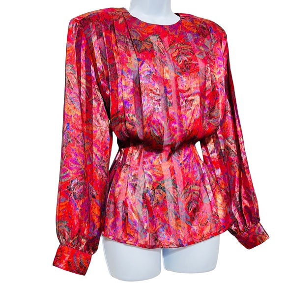 Tess Tops - Vintage TESS Abstract Print Blouse 80s Colorful Long Sleeve Button Back Top Sz 8